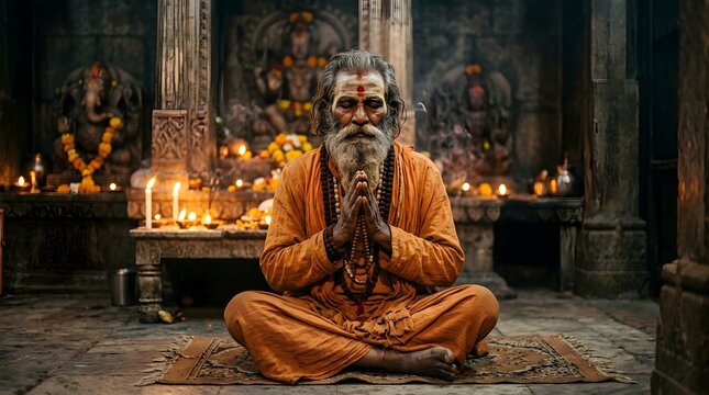 Elderly Hindu sadhu holy man with long white beard and orange robes sitting cross legged in meditation inside ancient temple lit by candles and oil lamps, Indian spiritual guru practicing yoga 
