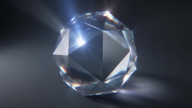 3d diamond gemstone rotating with sparkling light reflections closeup