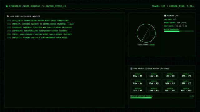 Cyberarch cloud monitor console screen with green digital computer terminal code tracking live server packets and core vector database blocks dashboard.
