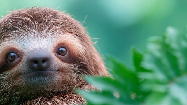 Close-up head shot of a cute sloth in lush green nature, highlighting expressive eyes, natural beauty, and the peaceful atmosphere of the wild.