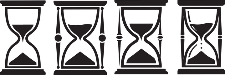 Fototapeta premium Hourglass time icons, sand clock symbols, deadline countdown set, and vintage timer vector collection.