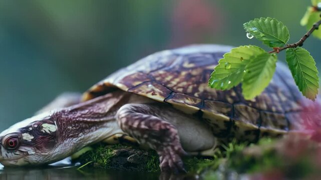 Close-up of a turtle looking directly at the camera, highlighting its detailed shell texture, expressive eyes, and the quiet beauty of wildlife in nature.