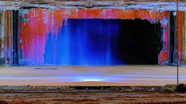 Derelict theatre stage with crumbling red walls and glowing blue light for atmospheric drama backdrop, urban exploration documentary and haunting historical cinematic scene