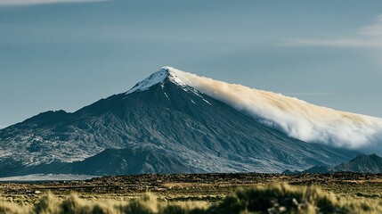 Fototapeta premium Majestic symmetrical volcanic mountain peak rising above golden cloud bands for travel agency promotion, nature landscape advertising and eco tourism marketing