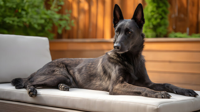 black belgian malinois dog lying on outdoor sofa modern backyard pet portrait