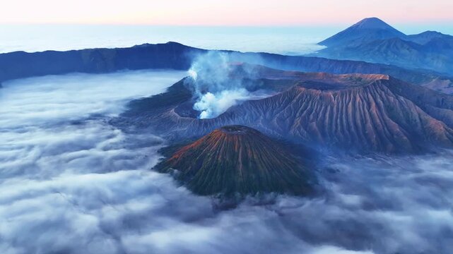 Amazing Mount Bromo volcano during sunrise or sunset sky over Mountains Penanjakan in Bromo Tengger Semeru National Park,East Java,Indonesia,Landscape background