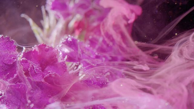 Textured petal closeup with floating dust, micro perspective reveals crystalline pollen and shimmering particles suspended in delicate pink vapor, tactile
