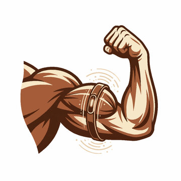 Muscular arm flexing bicep with fitness strap vector illustration representing strength and bodybuilding power.