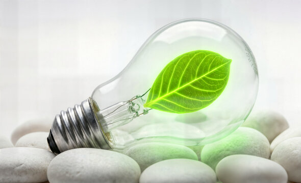 Glowing green leaf inside light bulb resting on smooth white pebbles representing sustainable energy environmental consciousness and eco friendly power generation.
