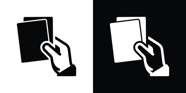 Hand holding penalty cards vector icon. Ideal representation for a sports referee, football discipline, yellow and red warning cards, and game rules enforcement.