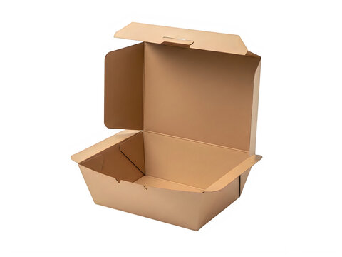 Open cardboard takeout container with lid removed