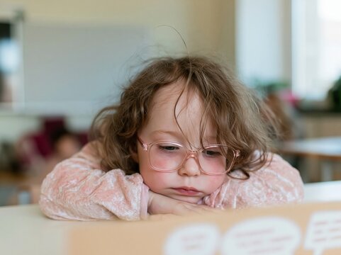 Young girl with curly hair and eyeglasses leaning on a table reading a display for language education, children learning advertising and early childhood development