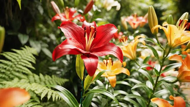 Vibrant blooming lilies and tropical foliage in lush garden walkthrough