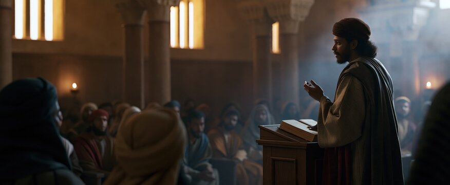 Inside a historic synagogue, a devoted preacher shares early Christian teachings with an engaged ancient congregation.