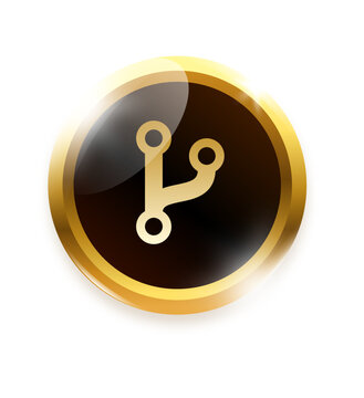Gold metallic git branch icon on shiny 3d circle glossy badge
