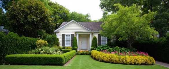 Fototapeta premium Charming Cottage featuring a tidy hedge and colorful blooms in a sunny neighborhood