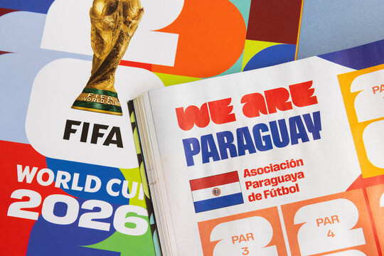 LONDON, UK - JUNE 2026: paraguay team page with flag in the 2026 world cup sticker book