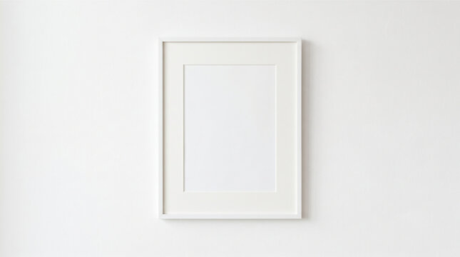 Minimalist white wooden photo frame mockup on plain wall for art print or photography display, blank vertical poster frame template for gallery presentation.