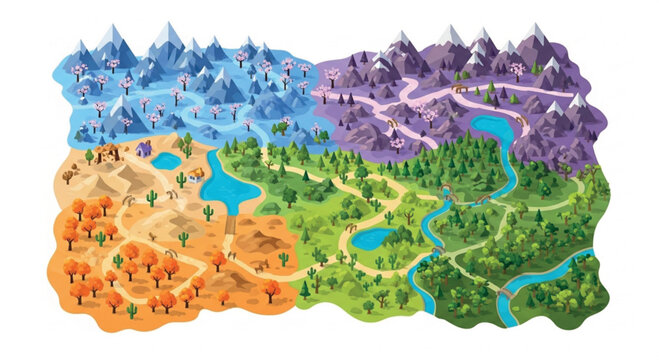 Isometric fantasy game map vector, colorful world map with diverse biomes, cartoon landscape with mountains, forests, deserts and winter zones