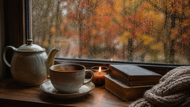 Rainy autumn window with hot drink, candle and cozy seasonal mood