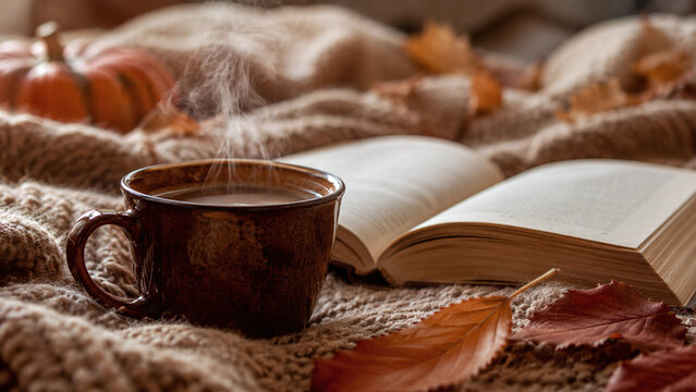 Warm tea cup on cozy bed with open book and soft autumn blanket