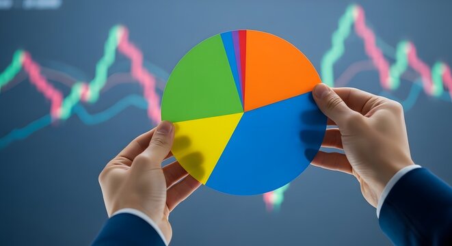 Businessman analyzing a colorful pie chart with stock market data in the background
