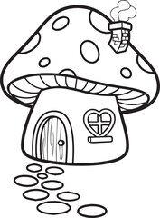 Fototapeta premium Cute Mushroom House Coloring Page for Kids, Fantasy Fairy Tale Coloring Book Illustration
