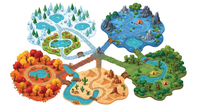Isometric game map vector, fantasy world biomes with winter snow, autumn forest, desert and tropical islands, level design world map