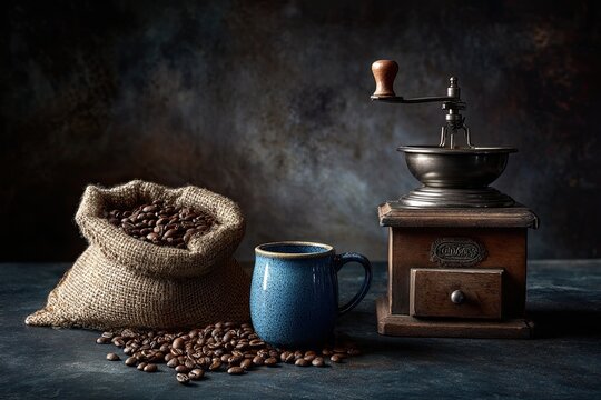 Artisanal coffee beans cascade from burlap sack beside blue mug and vintage grinder