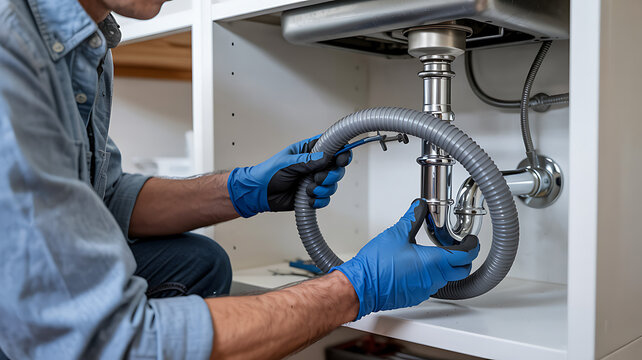 Plumber Fixing Sink Drain: A focused plumber wearing blue gloves carefully works on the flexible drainpipe under a kitchen sink, showcasing a common household repair task.