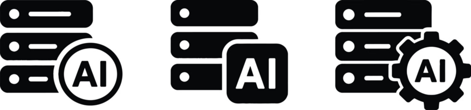Artificial Intelligence Cloud Hosting, Machine Learning Database, and Tech Storage Vector Illustrations in Black Silhouette Style