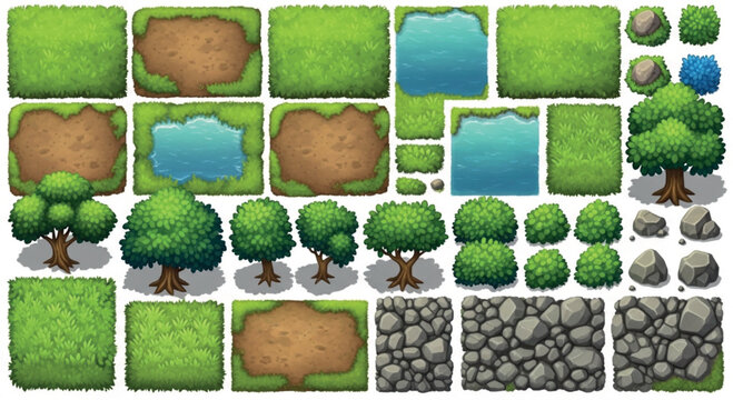 Cartoon game assets set with green grass tiles, nature environment elements, stylized trees and stone textures for 2D level design