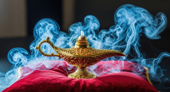 An ornate golden oil lamp rests on a velvet cushion as glowing blue smoke swirls around it, creating a mystical and magical atmosphere, genie, wish, fable