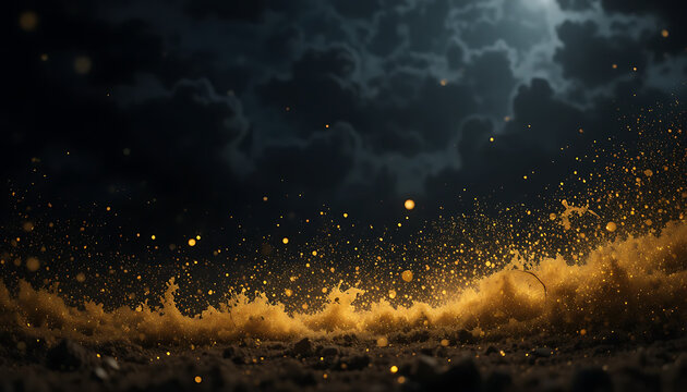 Dark stormy sky with golden particles exploding, dramatic clouds and lightning dark clouds explosion