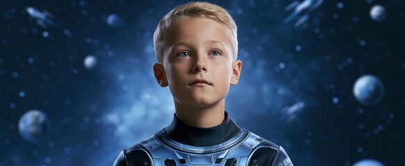 Obraz premium Child in futuristic astronaut suit exploring vibrant galaxy with floating planets and rockets, inspiring space adventure.