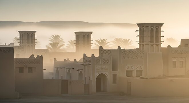 Traditional Middle Eastern architectural complex with wind towers and beige clay buildings at sunset.