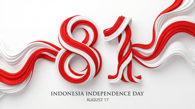 3D rendered 81st anniversary of Indonesia Independence Day with red and white ribbons.