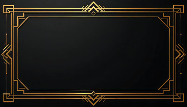 Deco gold frame on black background, empty rectangle with geometric patterns