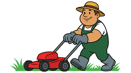 Obraz premium Cartoon Gardener Mowing Lawn with Red Mower.