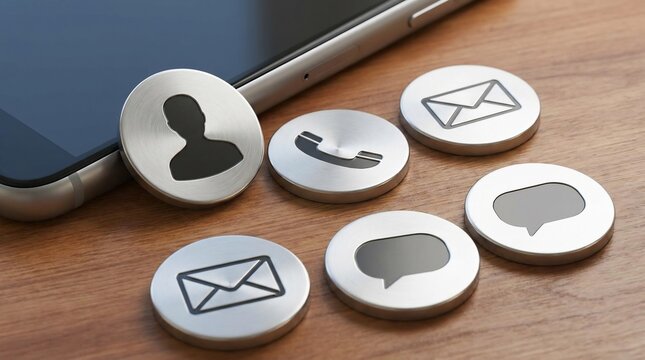 Communication icons on smartphone, wooden table