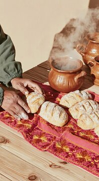 Person placing bolillo rolls on an embroidered textile beside a steaming clay pot for traditional breakfast marketing, culinary storytelling and bakery advertising