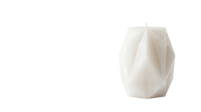 Geometric white wax candle with faceted origami design, modern decorative paraffin candle on white background, minimalist home decor accessory