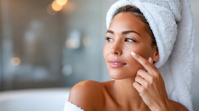 Woman with towel smiles in modern bathroom after shower on a sunny day Generative AI