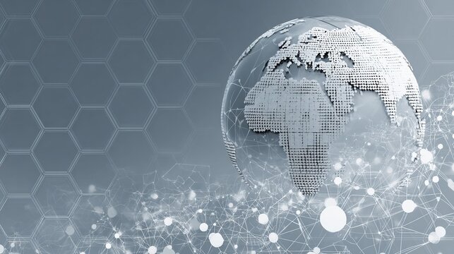 An abstract digital illustration against a cool gray background depicts stylized maps of various regions. Subtle hexagonal background textures reinforce the concept of connecting data transmission.