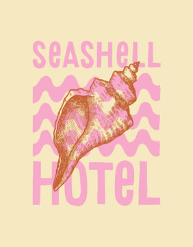 Seashell Hotel and pink wave vintage typography t-shirt print vector illustration.