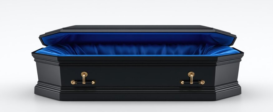 Open black metal coffin with blue satin interior isolated, elegant funeral casket for burial or memorial service on white background