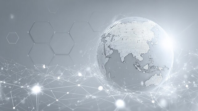 An abstract digital illustration against a cool gray background depicts stylized maps of various regions. Subtle hexagonal background textures reinforce the concept of connecting data transmission.