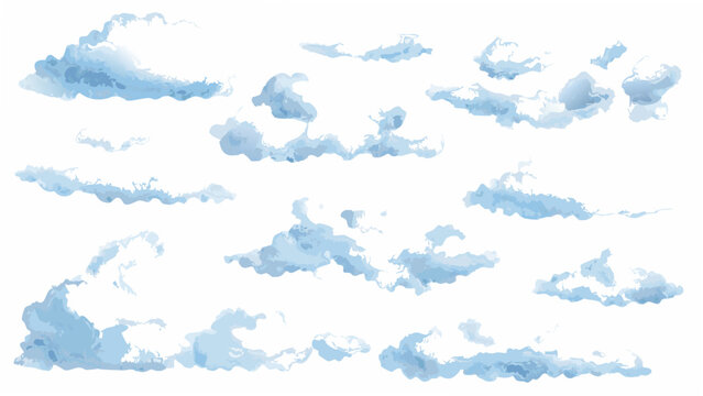 A collection of watercolor style clouds against a white background fluffy and atmospheric atmospheric clouds
