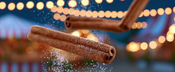 Obraz premium Levitating cinnamon sticks dusted with sugar against a warm, colorful festive street fair scene.