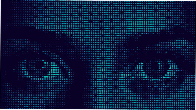 Teal dot matrix display forming the letters eye in a digital pattern led pixel